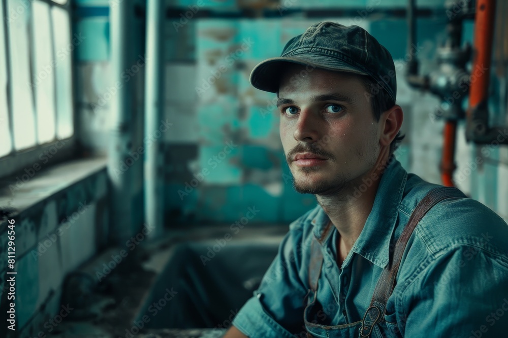 A man wearing a hat is seated in a room, A plumber wearing a cap and overalls A man wearing a hat is seated in a room, A plumber wearing a cap and overalls