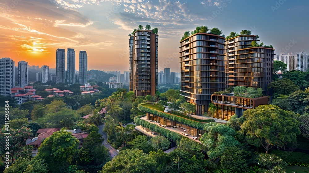 Obraz premium A view of the skyline with tall buildings and trees.