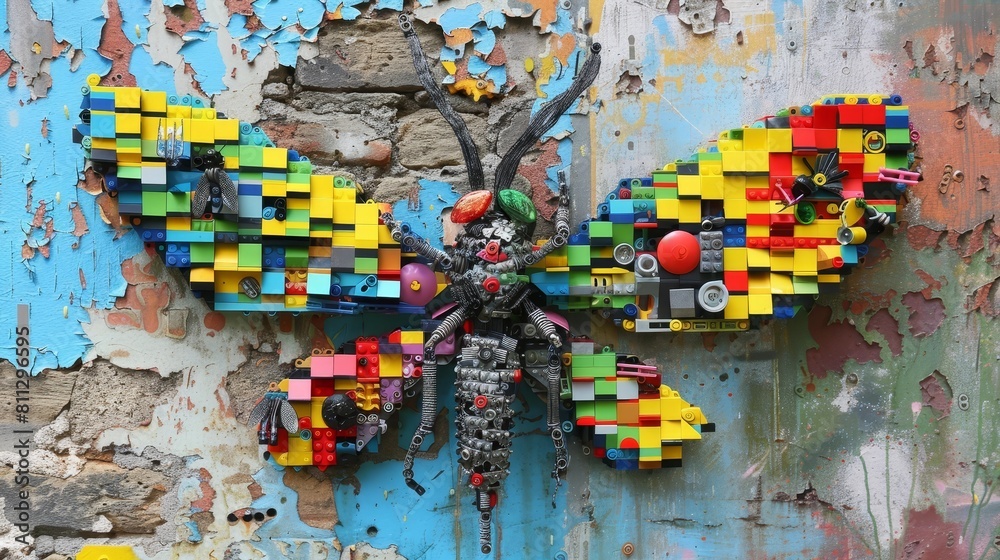 Naklejka premium Vibrant Digital Collage Showcasing the Beauty and Diversity of Insects in Nature through Lego-Inspired Street Art