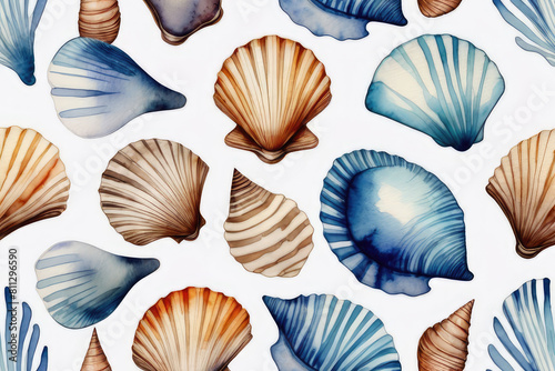Beach seashells white background, in blue, ocher and gold colors in watercolor style. photo