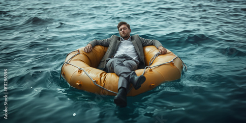 Businessman resting easy, drifting on an inflatable raft, depicting financial security. © Yuliia