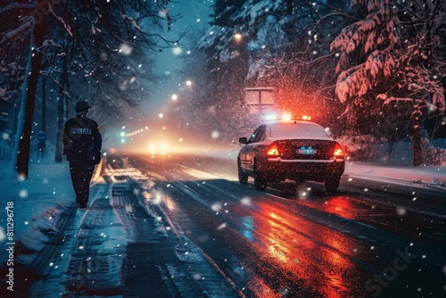 A police car drives down a snowy road to assist a stranded motorist, ensuring safety and security in winter conditions, A police officer assisting a stranded motorist