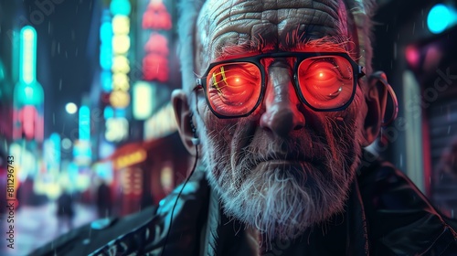 A close-up portrait of an old man with red glowing eyes. He is wearing glasses and has a beard. The background is blurred with a bokeh effect. photo