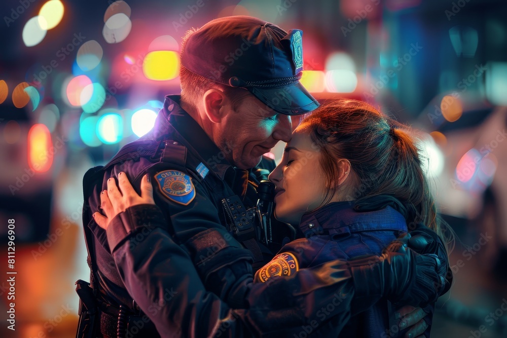 A police officer comforting a woman on the street after a crime incident, A police officer comforting a victim of a crime