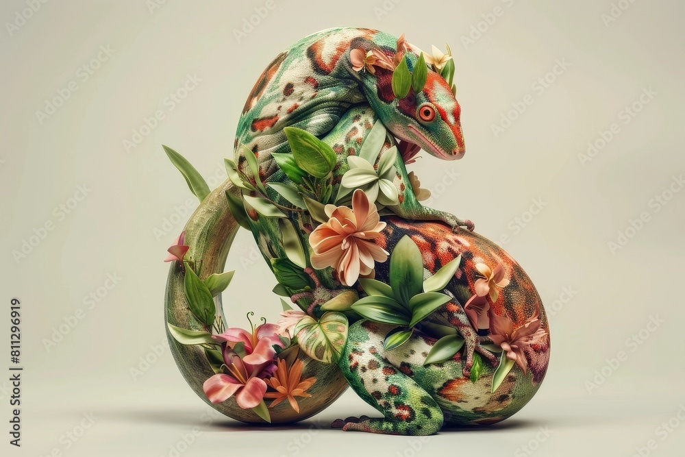 Naklejka premium Whimsical Animal-Inspired Typographic Design with Lush Floral Flourishes