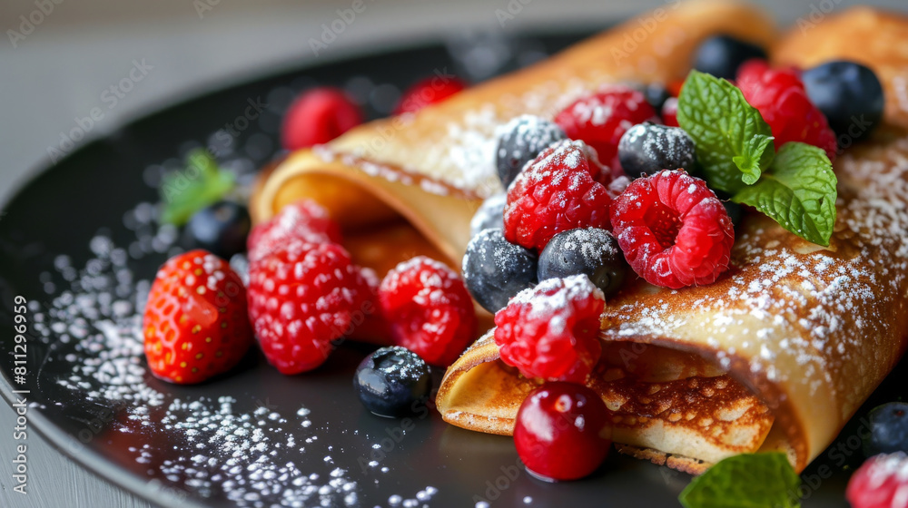 Savor the flavor: delectable crepes with mixed berries and a sprinkle of powdered sugar, topped with fresh mint on a stylish black platter Savor the flavor: delectable crepes with mixed berries and a sprinkle of powdered sugar, topped with fresh mint on a stylish black platter
