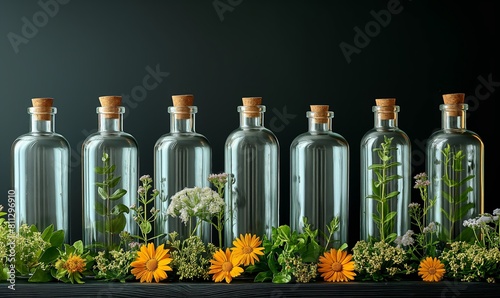 Row of Glass Bottles With Flowers.