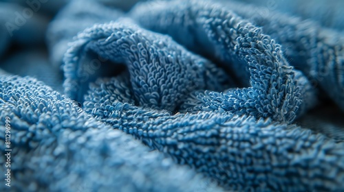 This is a close-up image of a blue towel. The towel is folded and crumpled, creating a soft and inviting texture. photo
