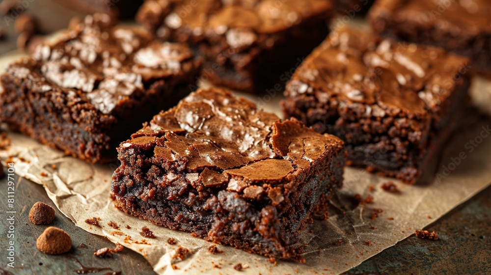 A stack of chocolate-chip-topped brownies rests on a sheet of parchment paper beside a mound of chocolate chips A stack of chocolate-chip-topped brownies rests on a sheet of parchment paper beside a mound of chocolate chips