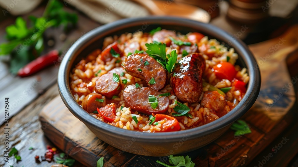 American cuisine. Jambalaya with smoked sausages and spicy tomato sauce.