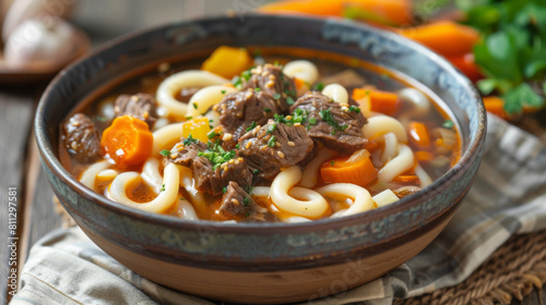 Savory mongolian beef stew served in a rustic bowl, featuring tender meat, carrots, and potatoes, perfect for a hearty meal