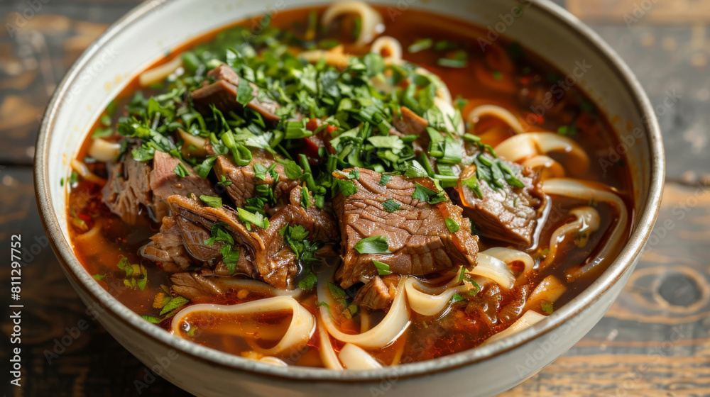 Delicious mongolian beef noodle soup with fresh herb garnish, presented on a rustic wooden table setting Delicious mongolian beef noodle soup with fresh herb garnish, presented on a rustic wooden table setting