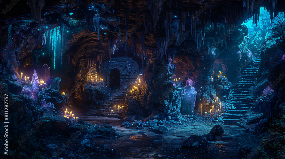 Dark cavern trolls, glowing crystals lure adventurers to seek ancient artifacts.