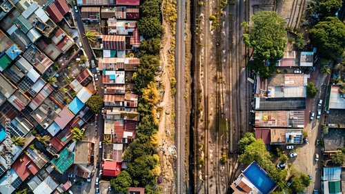An overhead photo of a country border with poverty on one side the border and a wealthy neighborhood on the other side.