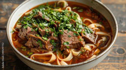 Delicious mongolian beef noodle soup with fresh herb garnish, presented on a rustic wooden table setting