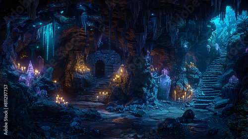 Dark cavern trolls, glowing crystals lure adventurers to seek ancient artifacts. © MyBackground
