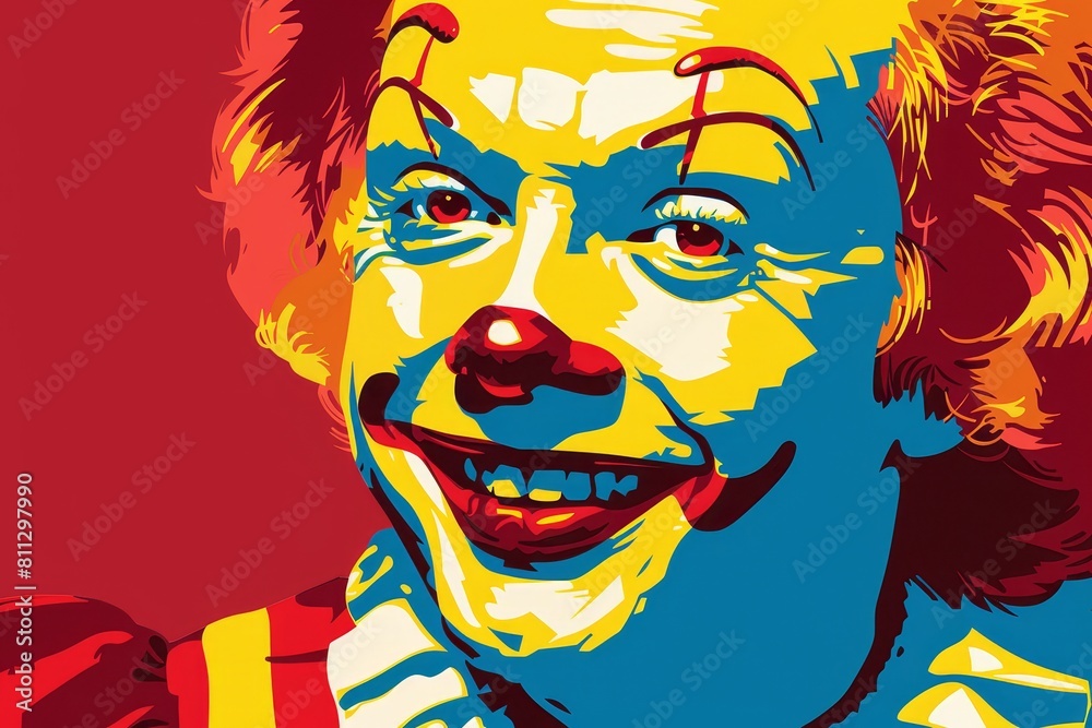 A detailed view of a person wearing vibrant clown makeup, showcasing bright colors and exaggerated features, A pop art-inspired portrait of a fast food mascot
