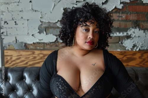 Confident woman with large breasts sitting on a couch, A portrait of a confident woman with curves