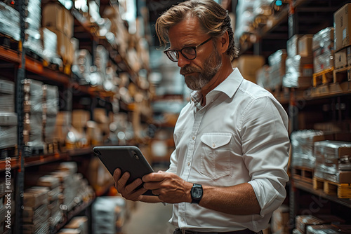 Focused Warehouse Manager Using Digital Tablet for Inventory Management. Created with Ai
