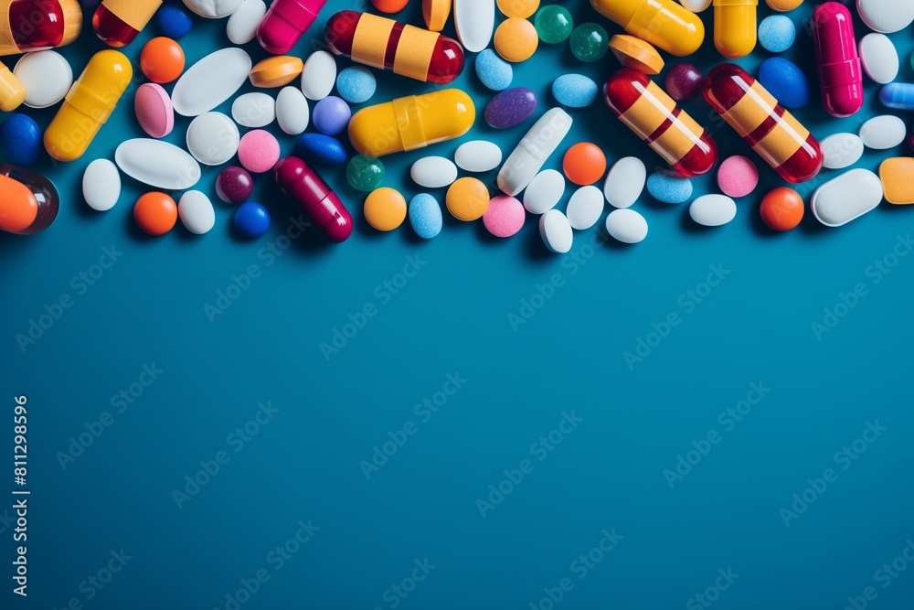 An array of colorful medicinal pills and capsules neatly arranged on a calm blue background, focusing on health themes. copy space