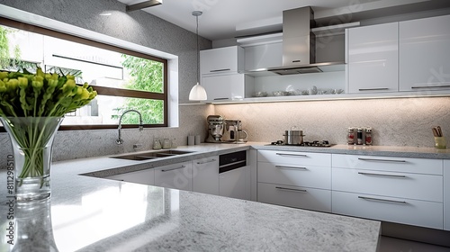 Modern kitchen with large fridge Generative AI photo