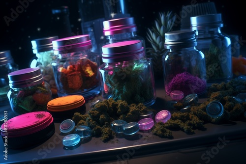 Exotic plants and substances displayed in jars under a neon glow, representing alternative medicine or illicit drugs in a stylized manner photo