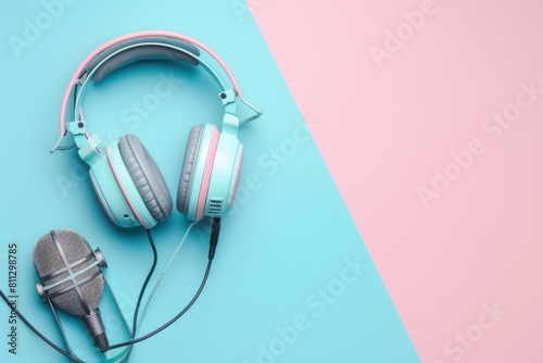 A pair of headphones and a microphone are on a blue and pink background with copy space