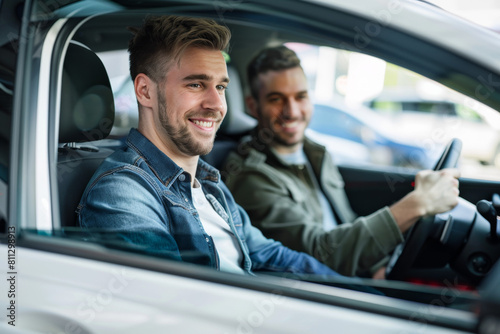A young man is sitting in the car and smiling while his friend, who works at an auto dealership, shows him various details of a white modern family car
