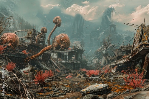 A painting depicting a postapocalyptic wasteland with crumbling buildings and scattered debris, A post-apocalyptic wasteland with crumbling buildings and mutated creatures photo