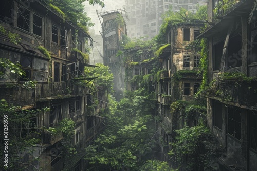 A very tall building covered in numerous trees growing out of it in a postapocalyptic wasteland  A post-apocalyptic wasteland with crumbling buildings and mutated creatures