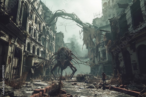 Enormous spider traversing decaying buildings in abandoned city ruins, A post-apocalyptic wasteland with crumbling buildings and mutated creatures photo