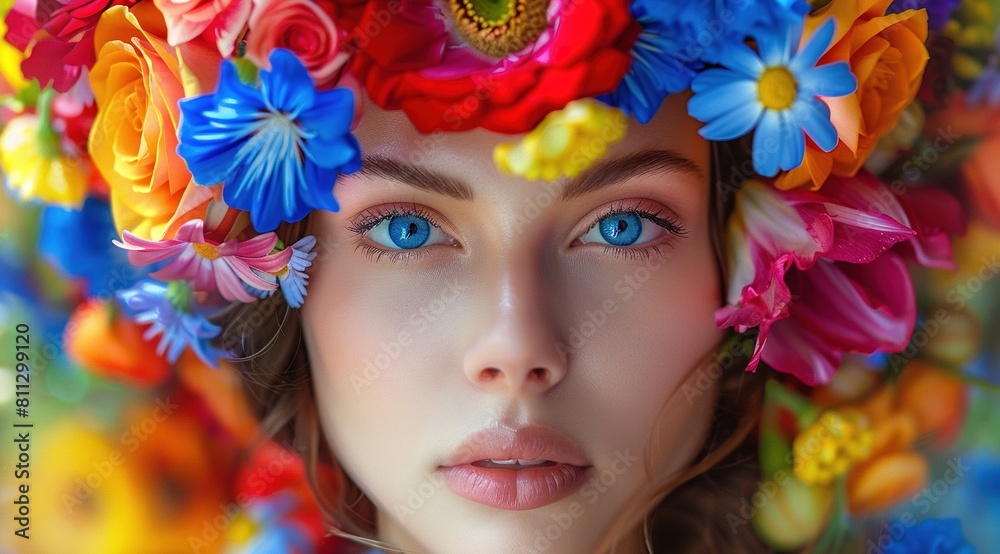 A beautiful woman with blue eyes, wearing colorful flowers on her head. A beautiful woman with blue eyes, wearing colorful flowers on her head.