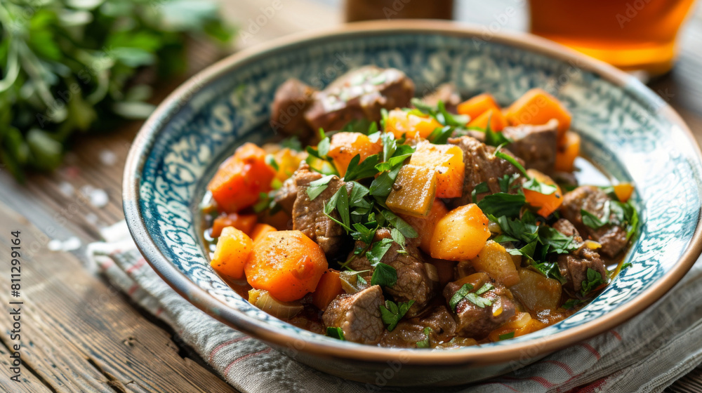 Savory mongolian beef stew with tender meat, carrots, and potatoes, topped with fresh herbs, served on a rustic wooden table