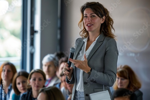 A woman confidently stands before a crowd, holding a microphone and delivering a persuasive presentation, A powerful businesswoman giving a persuasive presentation to a room full of colleagues