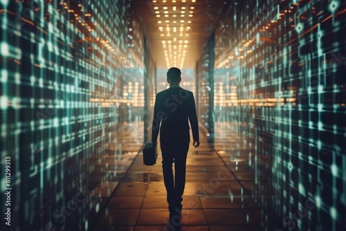 A man is walking through a tunnel of bright, colorful lights, A privacy advocate campaigning for stronger data protection laws