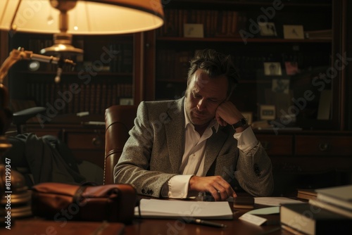 A man in professional attire sits at a desk with a book in front of him, deeply engaged in reading, A professional man sitting at a desk, deep in thought