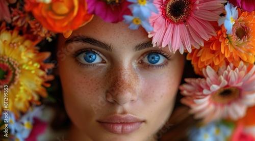 A beautiful woman with blue eyes, wearing colorful flowers on her head.