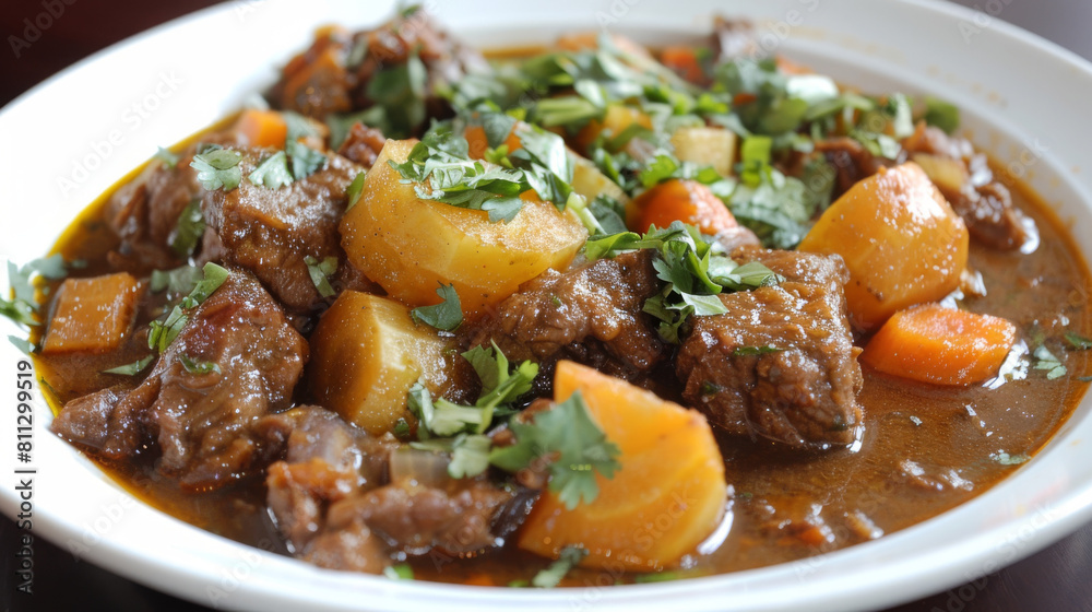 Authentic mongolian beef stew served in a white bowl, garnished with fresh parsley, embodying the essence of mongolian cuisine Authentic mongolian beef stew served in a white bowl, garnished with fresh parsley, embodying the essence of mongolian cuisine