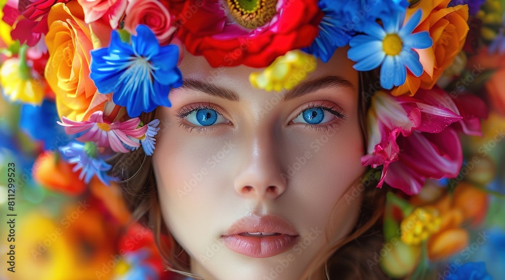 A beautiful woman with blue eyes, wearing colorful flowers on her head.