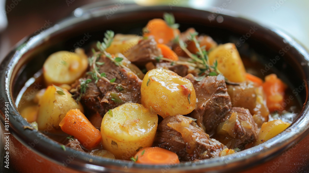 Close-up of a hearty mongolian beef stew, featuring tender meat, potatoes, and carrots in a savory broth, garnished with fresh thyme