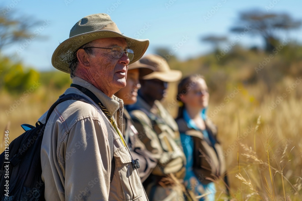 A professor in a safari hat leads a diverse group of individuals standing in a field of tall grass, A professor in a safari hat, leading a group of students on a field trip
