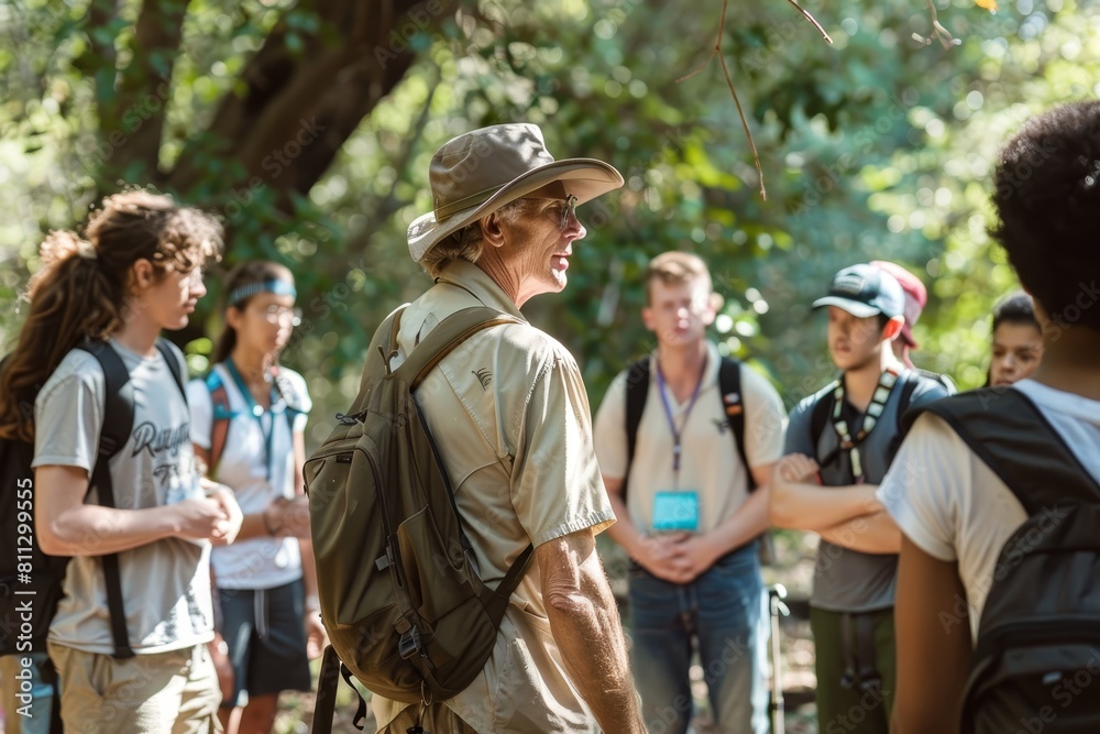 A professor in a safari hat is leading a group of students standing around each other, A professor in a safari hat, leading a group of students on a field trip A professor in a safari hat is leading a group of students standing around each other, A professor in a safari hat, leading a group of students on a field trip