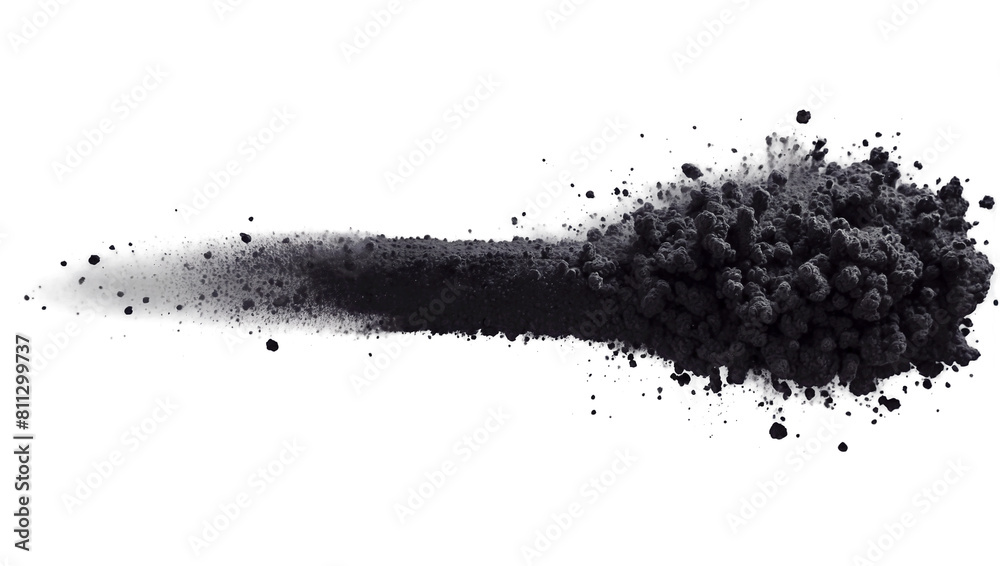 Dynamic black powder explosion captured on a white background