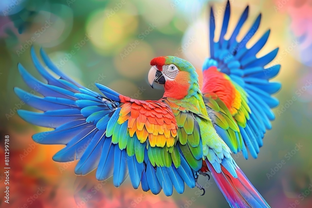 Obraz premium A vibrant parrot with rainbow-colored plumage gracefully soars through the sky, A proud parrot showing off its rainbow-colored plumage