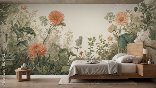 Serene bedroom interior with vibrant botanical wall mural