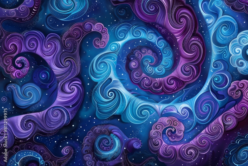 A painting featuring vibrant swirls of blue and purple with scattered stars throughout, A psychedelic pattern of swirling blues and purples on a mesmerizing blue background