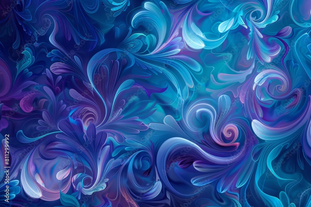 A painting featuring swirling patterns in shades of blue and purple on a blue backdrop, A psychedelic pattern of swirling blues and purples on a mesmerizing blue background
