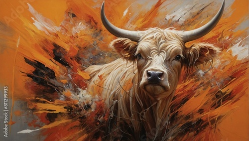 Vivid Highland cow in dynamic orange abstract background