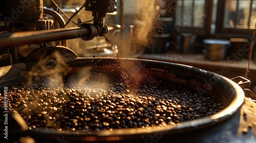 Coffee beans being roasted in a drum roaster, capturing the action and transformation of the beans, with visible steam and a warm realistic