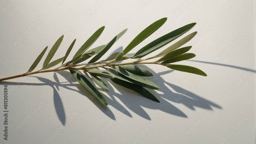 Elegant olive branch with dramatic shadow on plain background